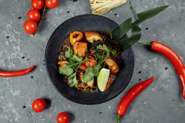 Japanese food: Soba noodles with chicken and vegetables