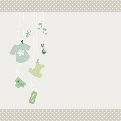 Karte Hängende Babysymbole Unisex Grün Shirt Kanten Punkte Beige