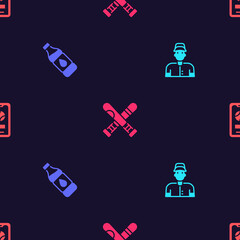 Set Baseball player, Bottle of water, Crossed baseball bat and Mobile with on seamless pattern. Vector