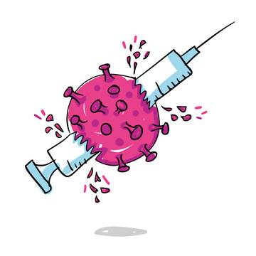 Syringe with Corona vaccine destroys virus Sars-cov-2. Destruction of the Coronavirus. Victory for the vaccination. Handdrawn cartoon.