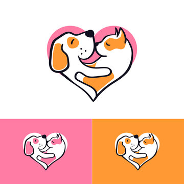 pet logo with dog and cat hugging in a heart shape. vector illustration