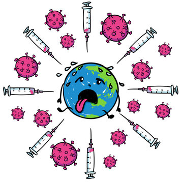 Mass immunisation for the fight against Coronavirus. Syringes circle round the exhausted earth. Hand-drawn Vector illustration