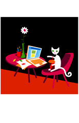 Cats life. The cartoon white cat with a big cup of soft drink publishes a post on social media. Vector image for prints, poster and illustrations.