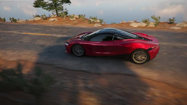 Red supercar going on Road. 3d seamless animation - lake in the background