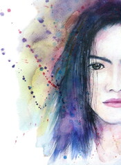 watercolor painting portrait abstact asia woman face.
