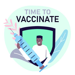 African American man hold syringe with dose of antiviral drug. Black male in front of shield with hypodermic. The idea of immunization. Vaccination of patients against coronavirus. Vector illustration