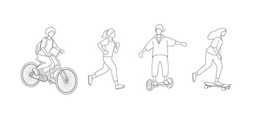 Obraz premium People go in for outdoor eco friendly sport activity: running, skateboarding, bicycling, hoverboard. Set of isolated cartoon character icon in line art style.