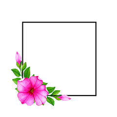Simple square black frame with watercolor petunia flower and buds.Floral decorative template.Isolated on white background.