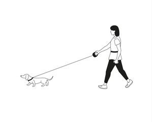Young woman walks outdoor leading a dachshund  dog on a leash. Vector isolated character black and white illustration in line art style.