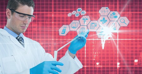 Composition of dna strand, brain and medical data processing on red background