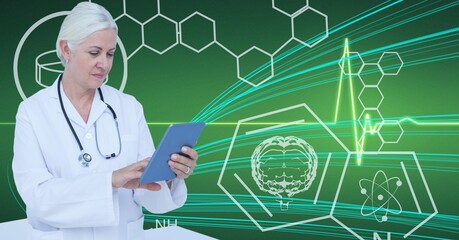 Composition of female doctor using virtual screen with medical icons on green background