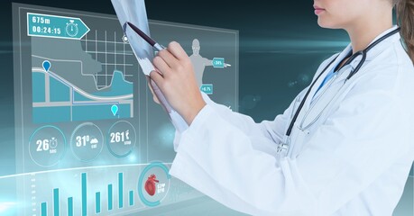 Composition of female doctor using virtual screen with medical icons