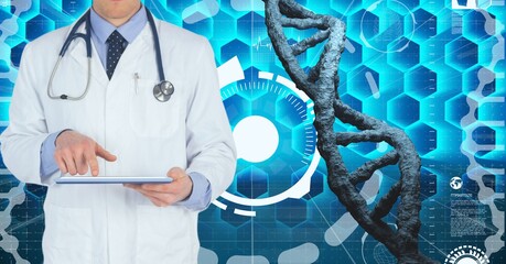 Composition of male doctor using virtual screen with dna strand on blue background