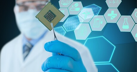 Composition of male doctor holding processor over virtual screen with medical icons