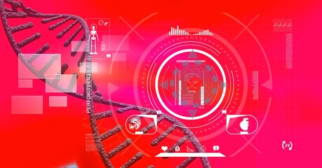 Composition of dna strand, brain and medical data processing on red background