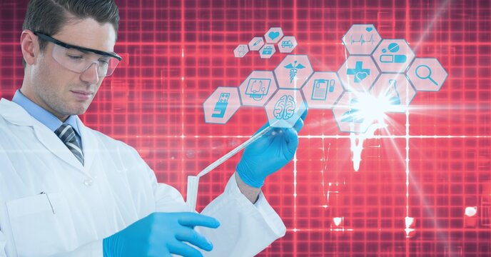 Composition of dna strand, brain and medical data processing on red background