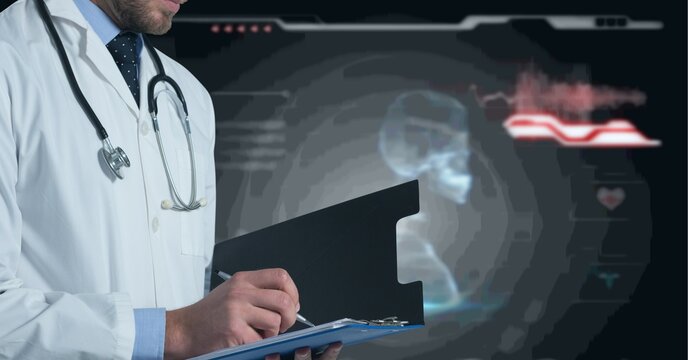 Composition of male doctor using virtual screen with medical icons on black background