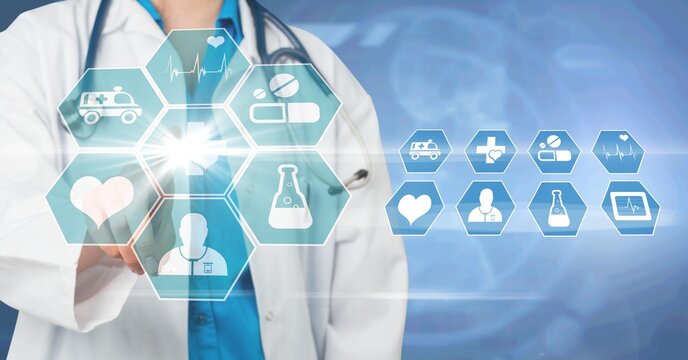 Composition of male doctor touching virtual screen with medical icons on blue background