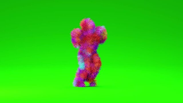 Colorful furry 3D man dancing happily. Seamless loop fluffy mascot dance on green screen. 3D rendering.