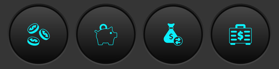 Set Coin money with dollar, Piggy bank, Money bag and Briefcase and icon. Vector