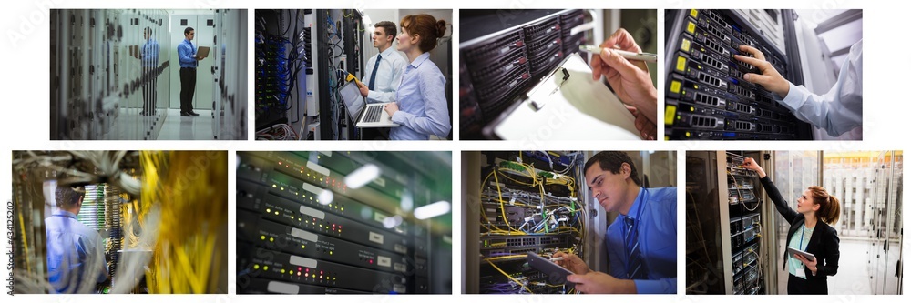 Poster composite of eight images with processors and technicians in tech room maintaining computer servers