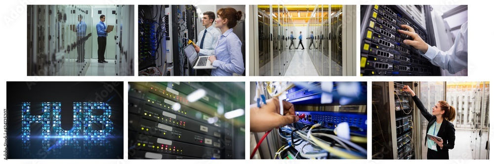 Poster composite of eight images with processors and technicians in tech room maintaining computer servers