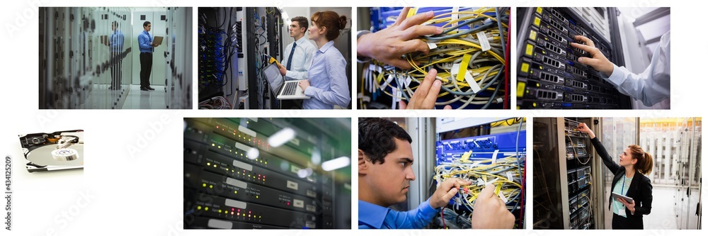Poster composite of eight images with processors and technicians in tech room maintaining computer servers