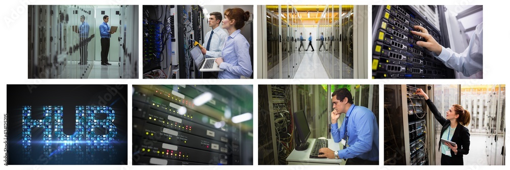 Poster composite of eight images with processors and technicians in tech room maintaining computer servers