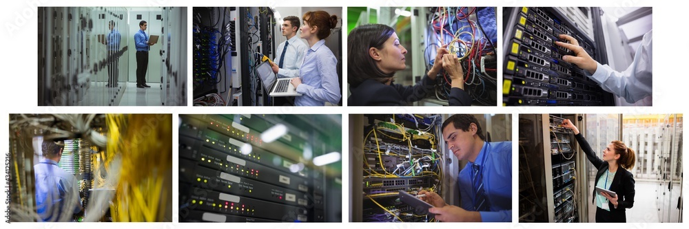 Poster composite of eight images with processors and technicians in tech room maintaining computer servers