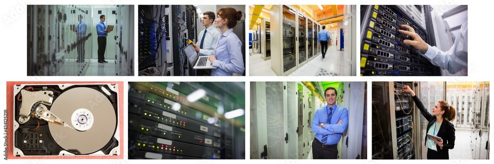 Poster composite of eight images with processors and technicians in tech room maintaining computer servers