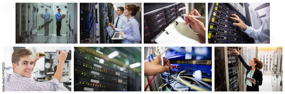Poster composite of eight images with processors and technicians in tech room maintaining computer servers