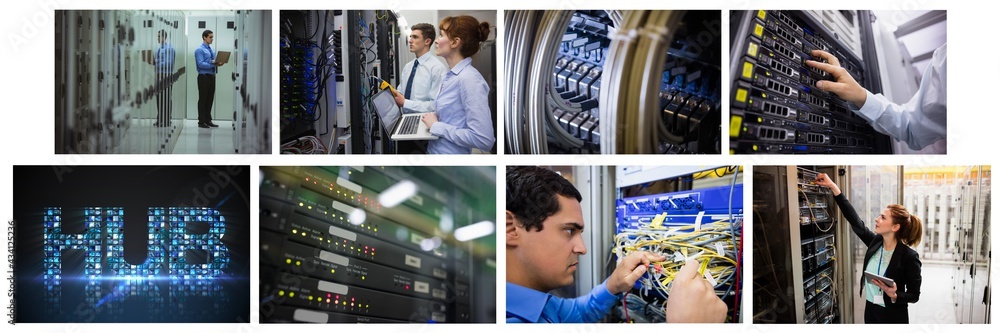 Poster composite of eight images with processors and technicians in tech room maintaining computer servers