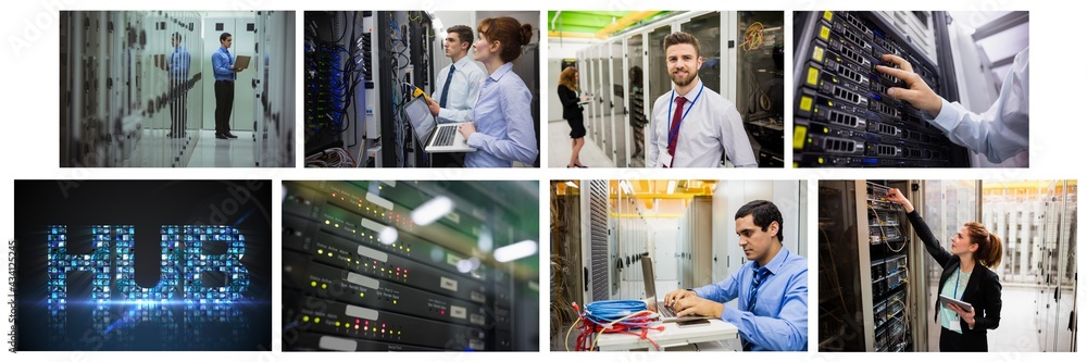 Poster composite of eight images with processors and technicians in tech room maintaining computer servers