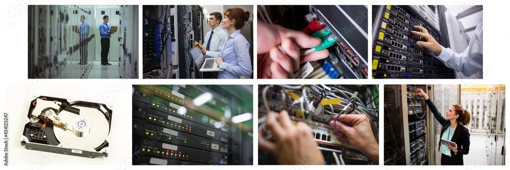 Poster composite of eight images with processors and technicians in tech room maintaining computer servers
