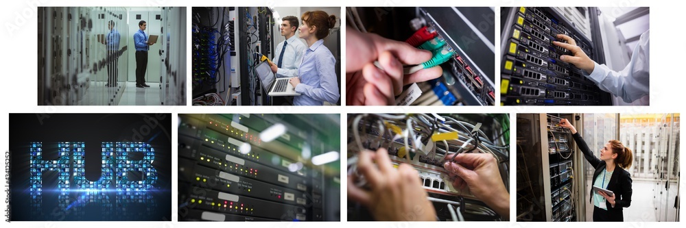 Poster composite of eight images with processors and technicians in tech room maintaining computer servers