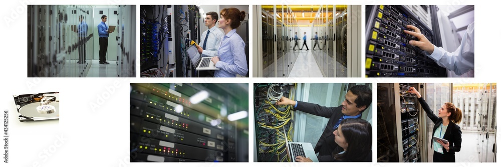 Poster composite of eight images with processors and technicians in tech room maintaining computer servers