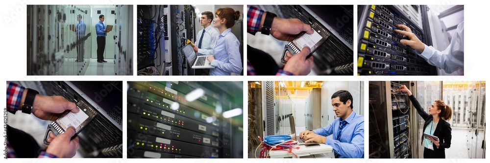 Poster composite of eight images with processors and technicians in tech room maintaining computer servers