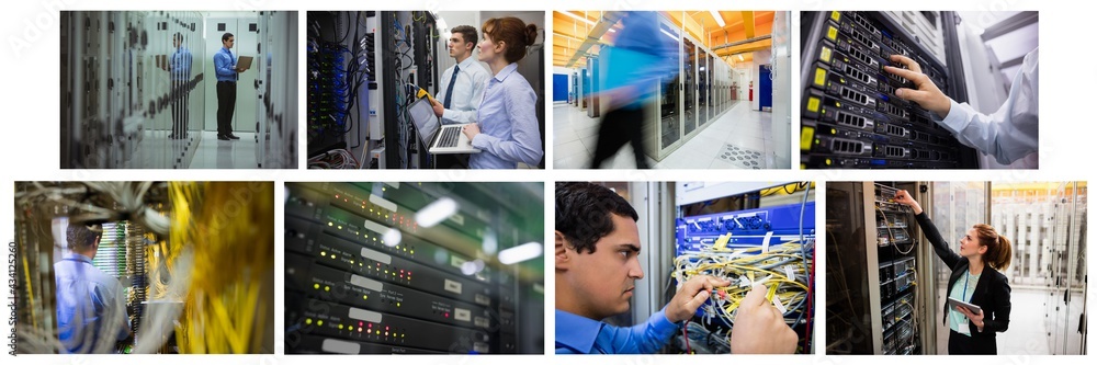 Poster composite of eight images with processors and technicians in tech room maintaining computer servers