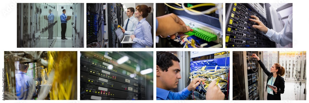Poster composite of eight images with processors and technicians in tech room maintaining computer servers
