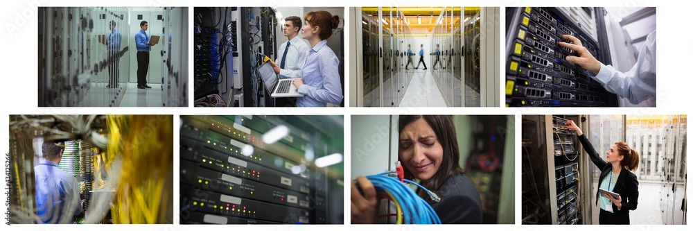 Poster composite of eight images with processors and technicians in tech room maintaining computer servers