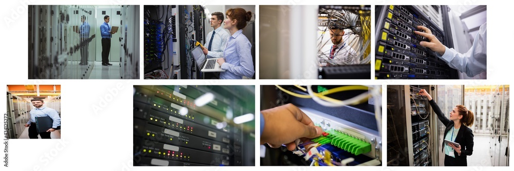 Poster composite of eight images with processors and technicians in tech room maintaining computer servers