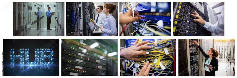 Poster composite of eight images with processors and technicians in tech room maintaining computer servers