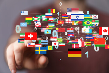 Global communication and international messaging concept, national flags of world