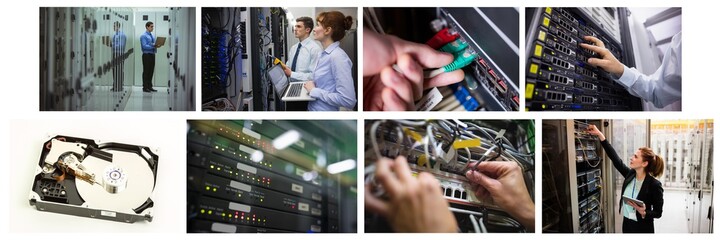 Composite of eight images with processors and technicians in tech room maintaining computer servers