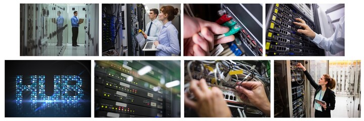 Composite of eight images with processors and technicians in tech room maintaining computer servers