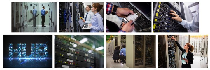 Composite of eight images with processors and technicians in tech room maintaining computer servers