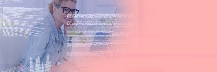 Composition of data processing over businesswoman working in office with pink background