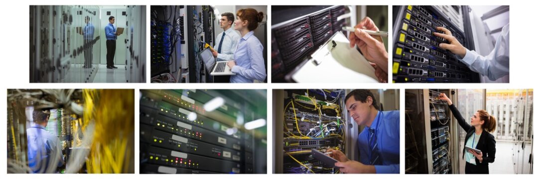 Composite of eight images with processors and technicians in tech room maintaining computer servers - Powered by Adobe