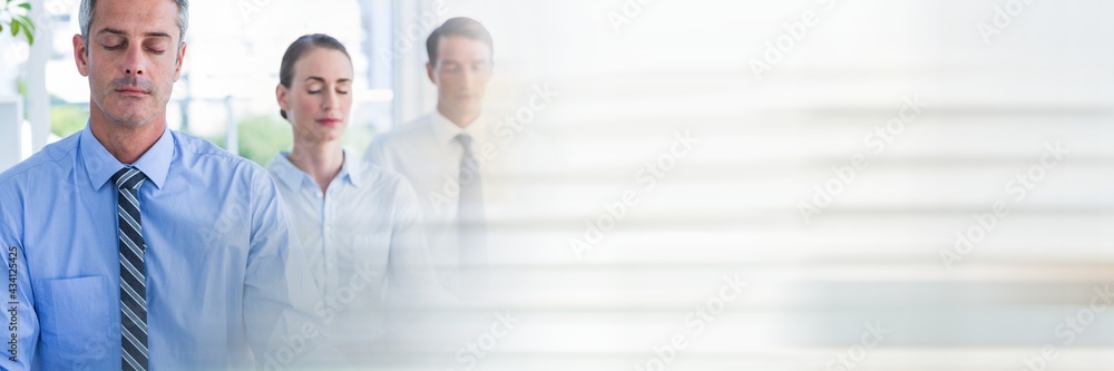 Poster Several businessman practicing meditation and relaxing at the office with office background concept