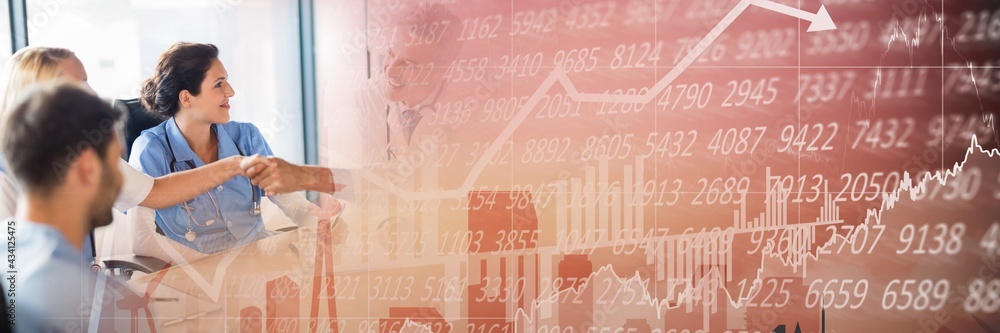 Poster composition of financial data processing over businessman handshake in background